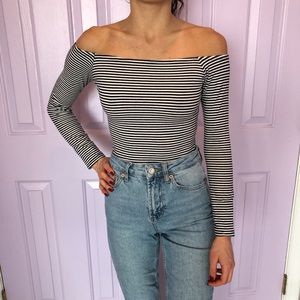 Stripped long sleeve off shoulder body suit